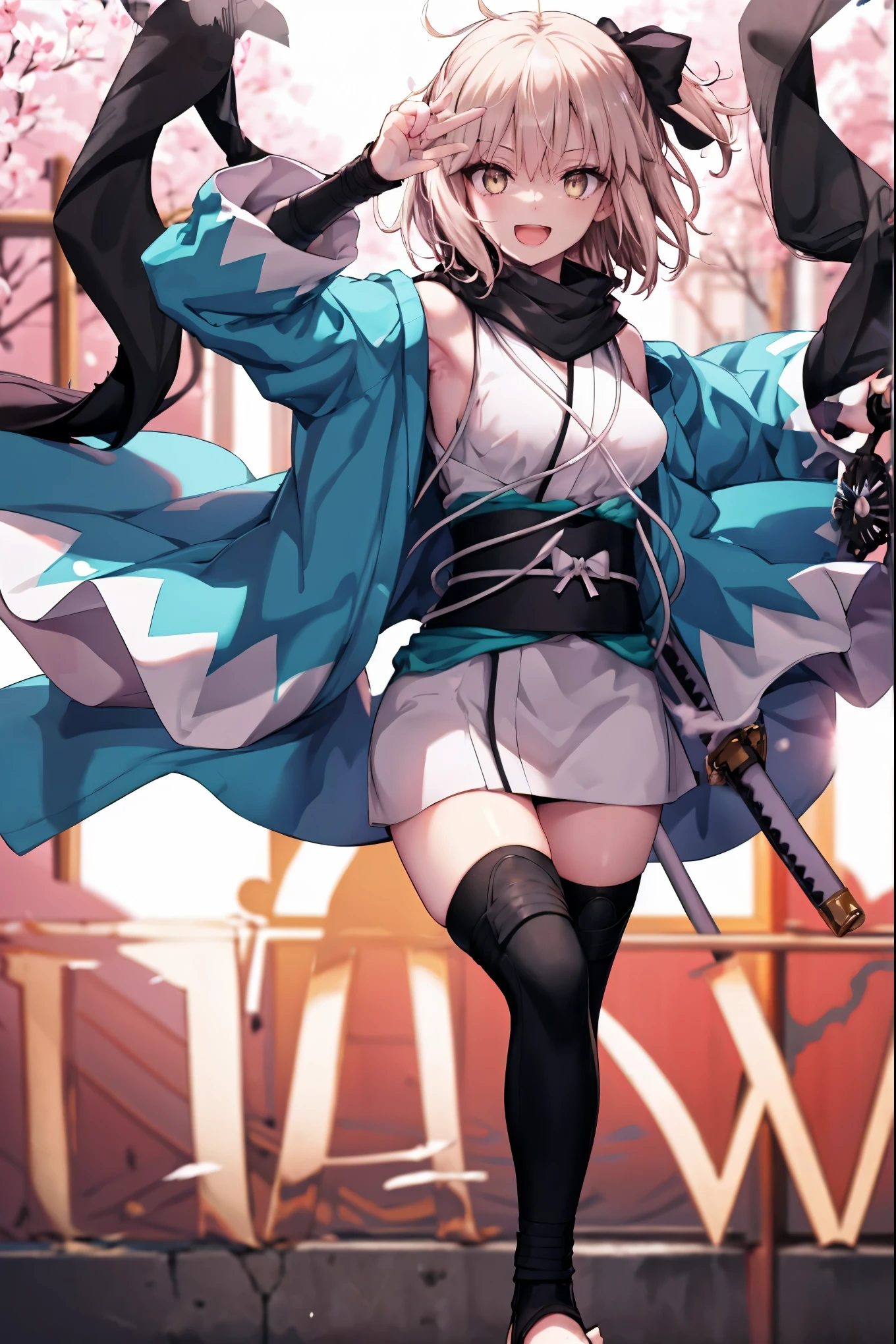 meticulous details, good composition, , cute face, perfect face, perfect hands, 1girl,okita souji \(FGO\), okita souji \(fate\), pale_pink_ponytail,black_bow,sleeveless_white_short_kimono,
 smile,happy,gold_half_eyes, thigh-highs, straw_sandals,medium_breasts, midriff , fighting_pose ,town_background,black_long_scarf,knees, bragging_face, black_cloth_gauntlet,apart_legs,open_mouth,open_legs,rise_arms, bare_elbows