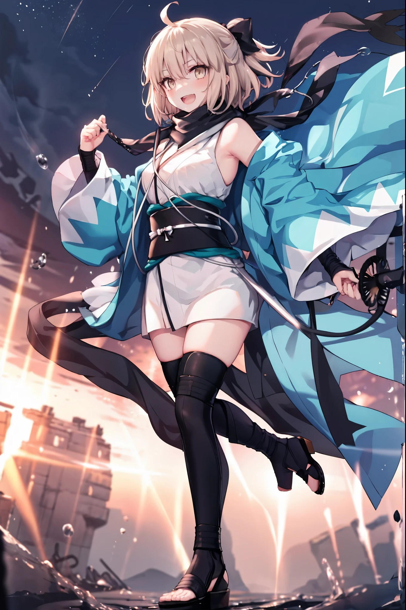 meticulous details, good composition, , cute face, perfect face, perfect hands, 1girl,okita souji \(FGO\), okita souji \(fate\), pale_pink_ponytail,black_bow,sleeveless_white_short_kimono,
 smile,happy,gold_half_eyes, thigh-highs, straw_sandals,medium_breasts, midriff , fighting_pose ,town_background,black_long_scarf,knees, bragging_face, black_cloth_gauntlet,apart_legs,open_mouth,open_legs,rise_arms, bare_elbows