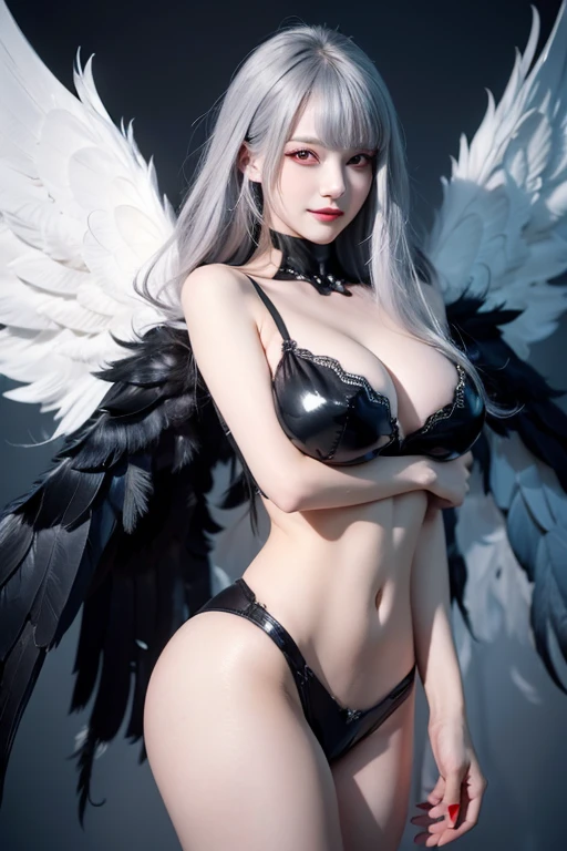 1girl, breasts, solo, horns, long hair, albedo (overlord), wings, large breasts, dress, hip vent, black wings, white gloves, gloves, looking at viewer, black hair, white dress, bare shoulders, hair between eyes, yellow eyes, feathered wings, demon horns, smile, feathers, demon girl, cleavage, slit pupils, detached collar, bangs, very long hair, closed mouth, black feathers, cowboy shot, covered navel, elbow gloves, white horns, standing, demon wings ,