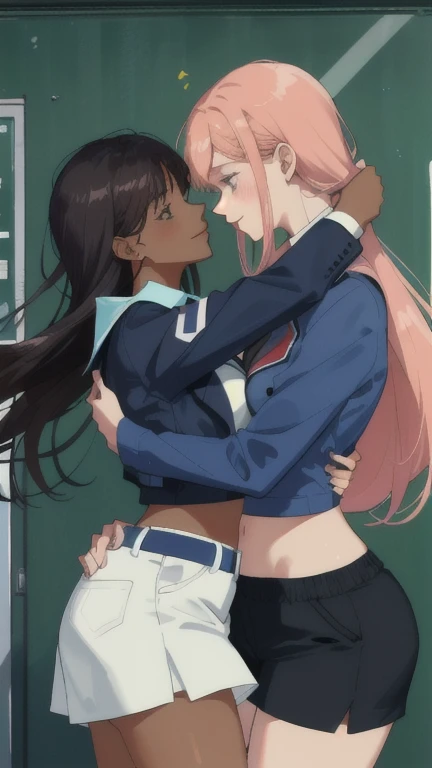 2 women hugging in a college, wearing sexy high school clothes, on a hot summer day, sexy:1,5, yuri, lesbian, nsfw, lascivious:1,5