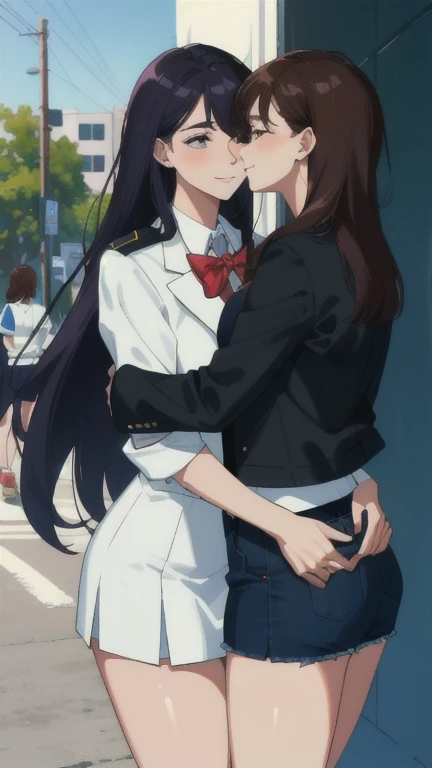 2 women hugging in a college, wearing sexy high school clothes, on a hot summer day, sexy:1,5, yuri, lesbian, nsfw, lascivious:1,5