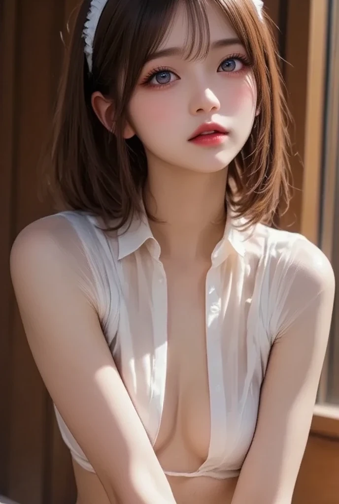 Tabletop, highest quality, One Girl, (nsfw,Beautiful girl, Delicate girl:1.3), (14 years old:1.3), Very fine grain definition, (Symmetrical eyes:1.3), night, ( White shirt,wear:1.2), Flat Chest, Brown eyes, Parted bangs, Brown Hair, Upper teeth, (Eyes and facial details:1.0), (RAW Photos, Film Grain, chromatic aberration), (Bokeh: 1.1),,sheer,wet,