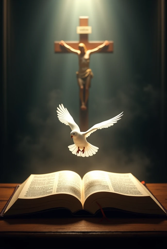 Create an open bible with a dove descending on it with a crucifix at the background. The background should be dark with a flash of light