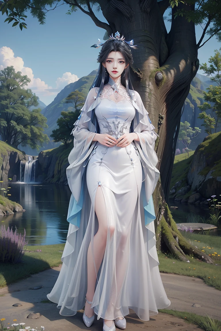 (masterpiece),(best quality:1.5),8k,absurdres,highres, Glowing skin:1.3, shiny skin, 
Thone of seal, cai'er, 1girl, solo, long hair, looking at viewer, blue eyes, hair ornament, dress, closed mouth, blue hair, upper body, white hair, outdoors, sky, white dress, tree, blue sky, blue dress, detail eyes, ferpect eyes, realistic eyes, full body,