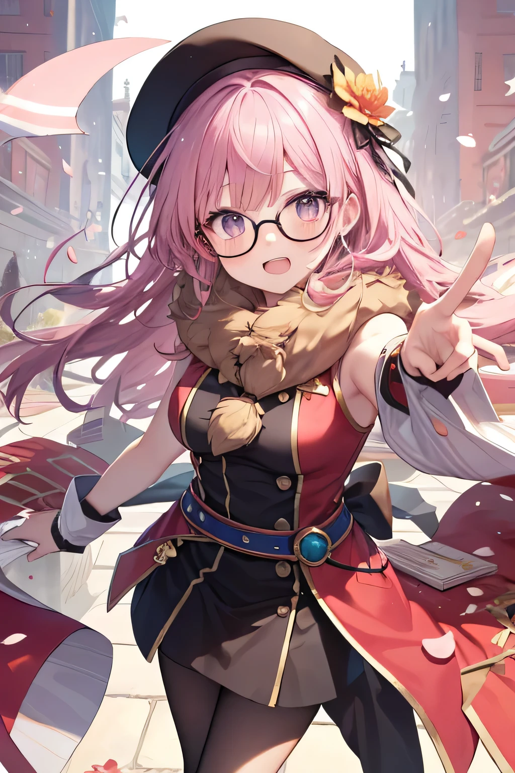 happy girl ( showing teeth), standing, combat pose,  pink hair color, palace background, palace background( room), complete anatomy,   graphic effects ,  ornament of a flower-shaped accessory over the head, aura, white cap, glasses, book, height 159 cm  ( 5 feet 3 inches ),  summoning circle,  fire around, strong breeze ,  sakura petals and leaves, primera persona, blush,  Looking at the viewer, Charm, Pausa de toque ciego  Looking at the viewer,  very detailed face , 8K,  light and shadow effect.  masterpiece.