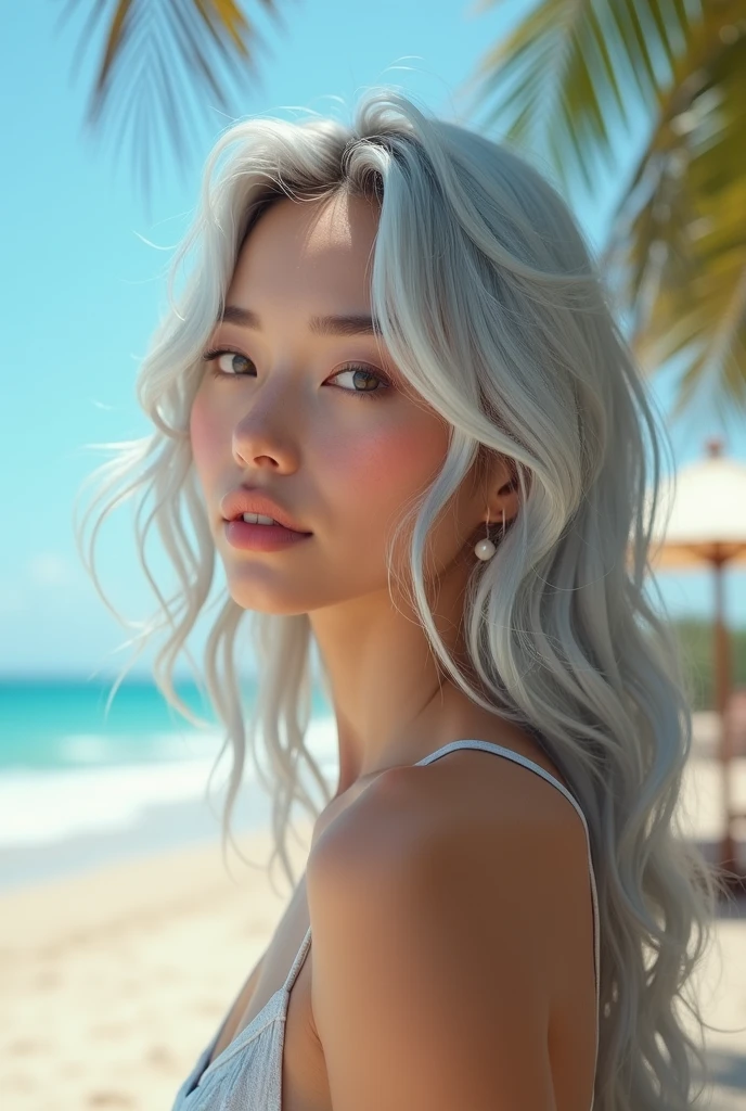 SuperiorQuality、tmasterpiece、half-body portrait、(Fotorrealista:1.4)、Photo CRU、A grayish hair、detailed face texture、Cool summer beach without bikini、