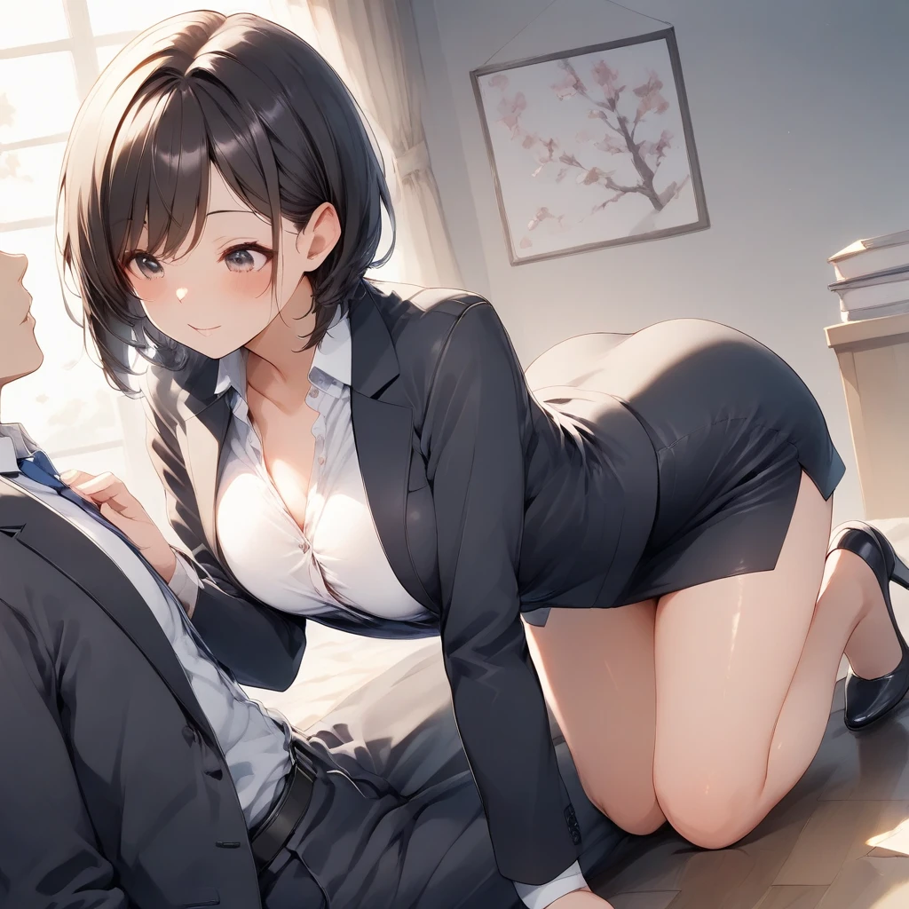 NSFW, Sex between a beautiful girl and a middle-aged teacher, At the office, open your legaster piece, highest quality), Junior-chan, Junior-chan, hair ornaments, hair clip, mole, mole under eye, short hair, brown hair, blue eyes, Semen overflows from the female genitalia, ((A middle-aged teacher is straddling a sleeping middle-aged teacher and trying to insert his penis into her.)), nipples are visible, business suit, dress shirt, earrings, formal, high heels, Jacket, miniskirt, office lady, open collar, pencil skirt, shirt, skirt, suit, Big breasts that are about to burst, fluffy pubic hair, wide angle, best lighting, best shadows, (open your mouth a little), (a shy look), Watery eye, A used condom and a rolled up tissue are lying on the ground., look away