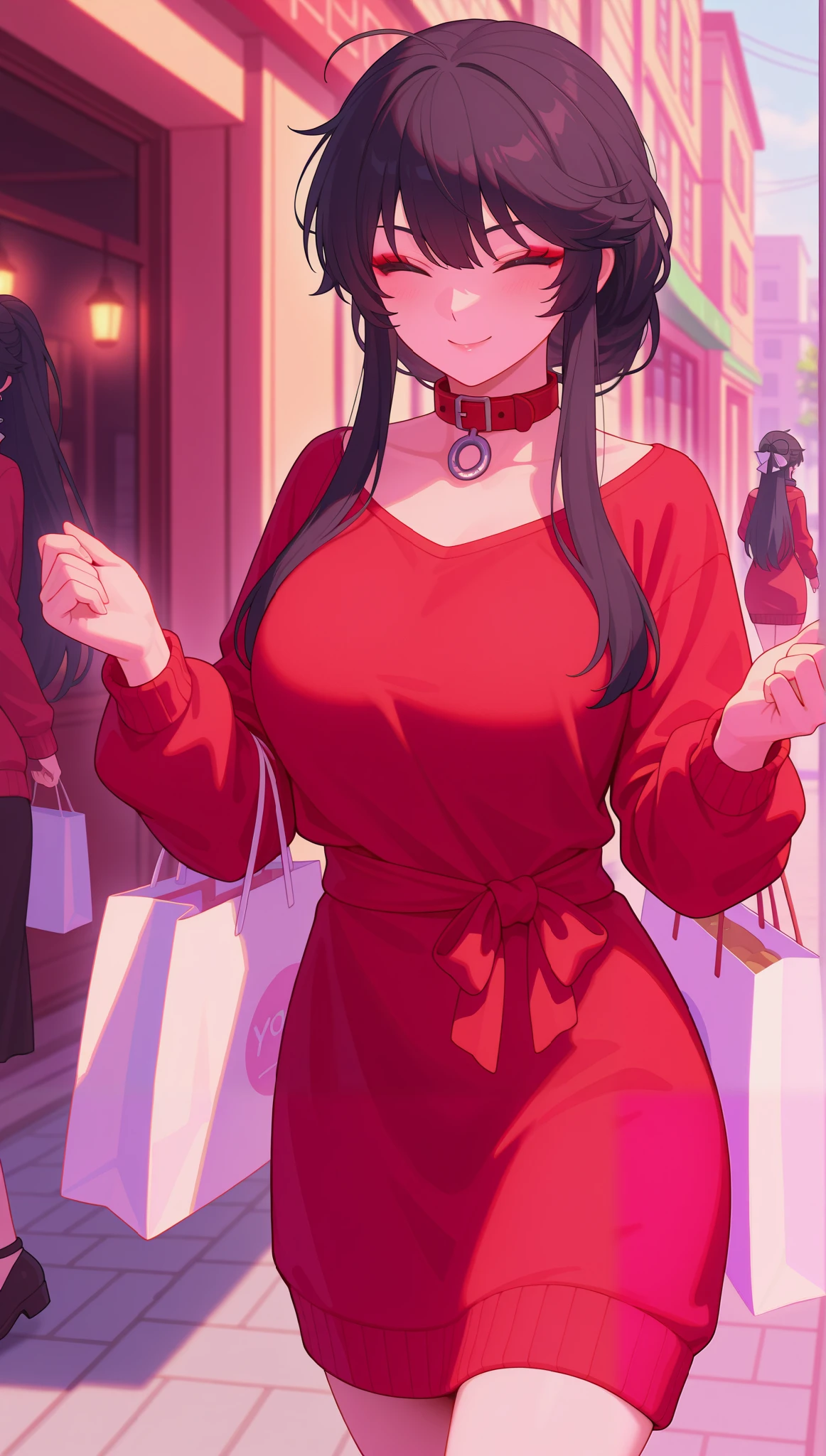 (((Yor Brian))) very detailed, high quality, masterpiece, 1 woman, walking down the street, shopping bag in both hands, happy expression, black hair, tied (Casual red sweater dress: 1.1), makeup light, (Collar: 1.2), showcase in the background, outdoors, sunny day.