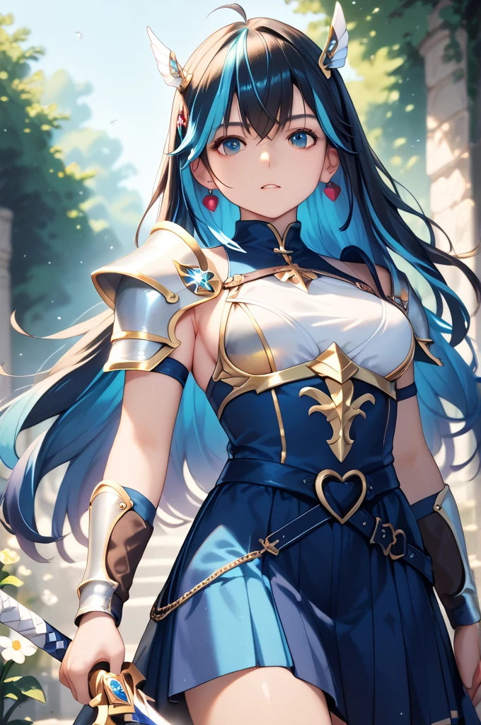  one woman　knight　Woman with 7 color hair 　Multicolored Hair　 black shiny armor　2 color armor 　　Shining Holy Sword　Strong Will　 see here　Highly saturated images　 Long Shot 