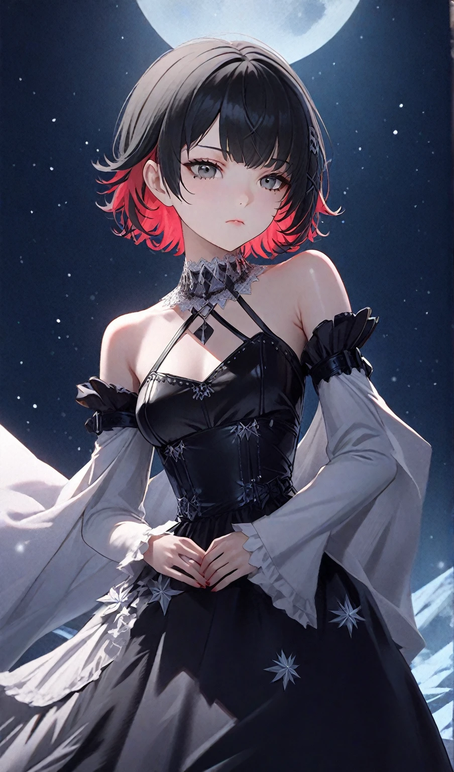 score_9, score_8_up, score_9_up, 1girl, source_anime, close up photo,  beautiful face, ellenjoe, night, passionless,  closed mouth, ellen joe, black hair, moonlight, party, night. winter,  party, sideboobs, fantasy party, fantasy night dress, night party, snow, sexy body, very small breasts,  colored inner hair, multicolored hair, grey eyes, total black outfit, dark place, dancing alone, sadistic eyes, red hair,  shoes pumps black, short hair,  two-tone hair, shoulders covered, shoulders covered by the dress, not loooking at the viewer, winter long dress, dance long dress, gothic dress, winter dress, cozy dress, ghotic lolita dress, sideboobs, ghotic dress, lace black dress, winter dress, cozy dress, covered shoulders, black dance dress, ghotic skirt, silver corset, dress for dancing, winter sleeves, glitter in the corset, shoulders covered by sleeves, long sleeves, long shirt, black corset with silver decorations, gala elegant dress, winter dress, elegant dress, long skirt dress, night, arms behind her back, lace collar, sexy body,  small breasts, two-tone hair,  beautiful eyes, beautiful legs, sexy legs, solo, fantasy world, night, beautiful eyes