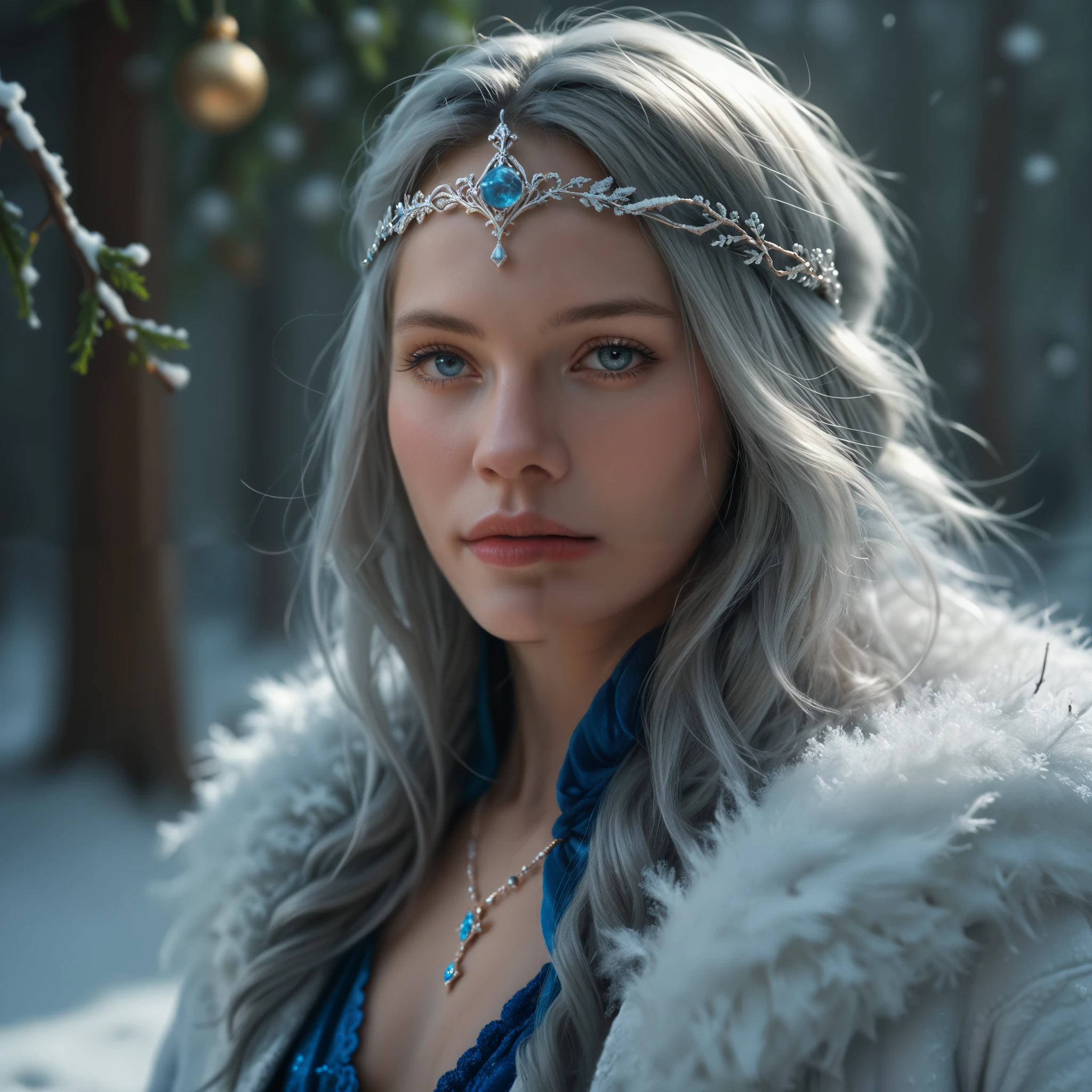 Girl in Snow Maiden's New Year's outfit with blond hair and a fir branch in her hands, photorealistic picture, inspired by Magali Villeneuve , cgsociety contest winner, hyperrealistic fantasy art , deviantart artstation cgscosiety, seductive New Year's woman , christmas clothes, blue and white fur coat
