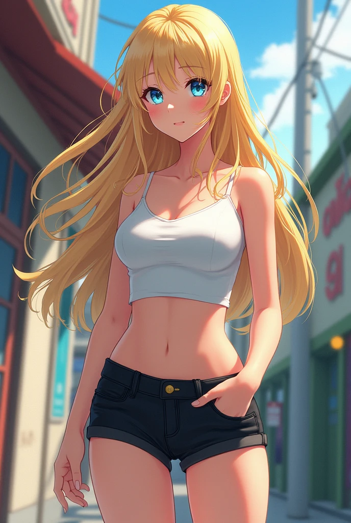 Girl, slim, pale skin, light hazel eyes, blonde hair, straight bangs, beautiful, thick bangs, pastel colors, wind, tiny crop top, flat, sexy, tiny waist, revealing skin, delicate, ethereal 