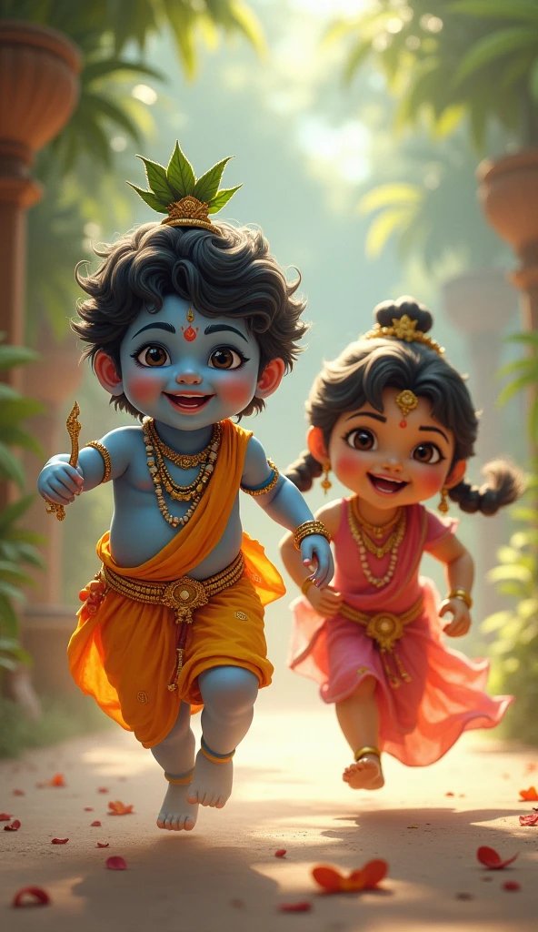Imagine a 3D realistic image of Lord Krishna with a 1 Indian girl,the girl is wearing white t-shirt with her name "Arpita" written boldly on his top ,The backdrop is beautiful and "HAPPY JANMASHTAMI" written on top.