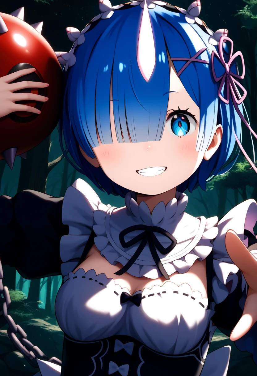 ( Super Realistic Pictures , RAW photos  , realism, 3d rendering ,Unity Engine), break (1young girl,  Shorthair,  blue hair, maid head dress,  x hair ornament ,  hair bow, hair between eyes,  blue eyes, Covering right eye with bangs, Frill collar,  neck ribbon,  clevis on a stone, frills,  dress, Separate sleeves, medium breasts1.4, one-horned demon, one's right eye glows), break (Outdoor、forest、Dark Forest, dim), break (from front, looking at viewer, upper body-focus,(close-up:1.4)), break (forward-bent posture),break ((iron ball spikes, iron ball spikes connects to a chain, which twists like a whip, Swinging arms, running legs, Fighting  Enemy)),break ((mad, evil smiling, madness right blue eyes glows, madness face),