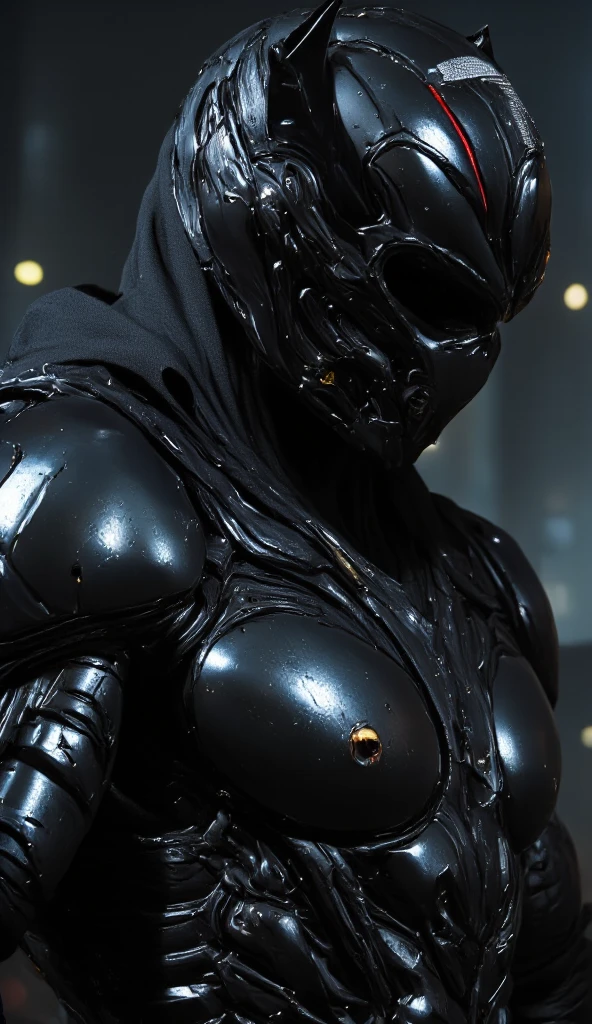 A full-body image of a muscular adult male.black leather full-body image 、and hood, a hooded person in invisible armor . wears leather armor, Tights.epic ninja suit, rogue.Leather fit to cover the whole body. smooth leather .Boy Teenage Assassin , stealth suit , cyberpunk assassin , stand on the roof of a skyscraper. . black night . Dark atmosphere .Low light.Weak lights cast dramatic shadows. Weird cyberpunk atmosphere . cyberpunk city.Futuristic tech style,robot,mecha skin,latex bodysuit .whole body image.Handheld composite mechanical giant bow.full body photo.