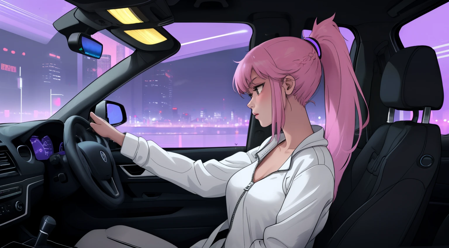 "An anime-style a woman with long purple hair and pink highlights tied in a ponytail, sitting in the driver's seat of a car. The angle is from the front passenger seat, capturing her side profile with a clear view of her face, slightly illuminated by the soft glow of the car’s dashboard lights. Her expression is calm and introspective as she gazes out of the driver's side window into the night. She is wearing a white tank top under a zipper jacket, which is unzipped halfway, subtly revealing her neckline for a casual yet stylish look. The interior of the car features subtle neon purple lighting, reflecting a futuristic and cyberpunk aesthetic. The steering wheel is partially visible, and her hand rests lightly on it. Outside the window, a vibrant urban cityscape is visible, with tall, glowing skyscrapers and scattered streetlights under a clear, starry sky. The atmosphere is quiet and reflective, blending modern technology and emotional depth. She exudes a sense of individuality and calmness, suited for a late-night drive. No cigarettes or smoke are present, maintaining a clean and serene vibe."
