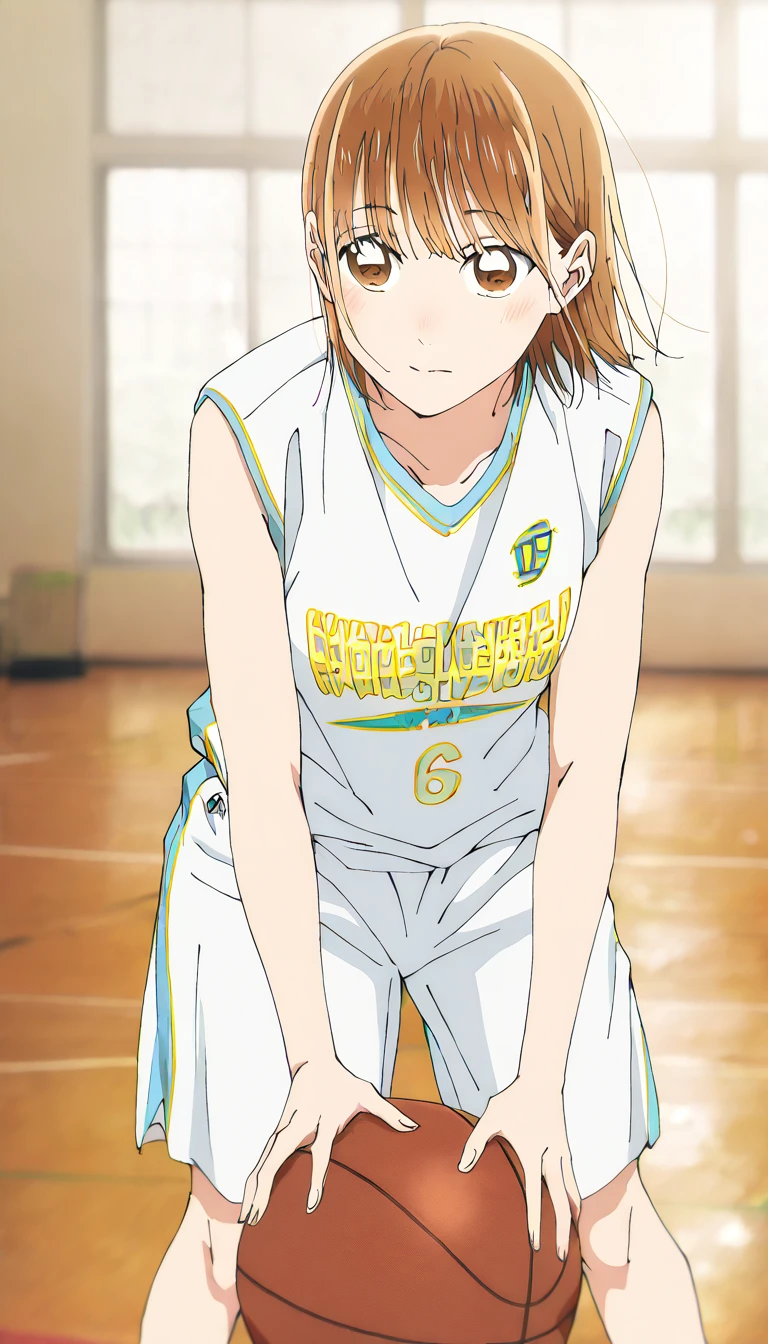       1 girl, Alone, Chinatsu,     Blurred Background,       brown eyes、       basketball uniform with a basketball in one hand 、  shirtless in the lobby、NSFW、      tank top 、Bibs、 Inside is black 、naked 、  Skindent 、   large areolas supporting breasts 、      lean forward     、   put your hands on your knees、      small 、belly button、Gym、       basketball only      、    viewers, masterpiece,  top quality,       High Quality     ,             very aesthetic         ,       absurd、(       sleeveless 、  basketball only      、side、side汗、   Raise your face  、    dribble、Move)、execution、     hopeless、      sweated、In motion、 basketball ring      