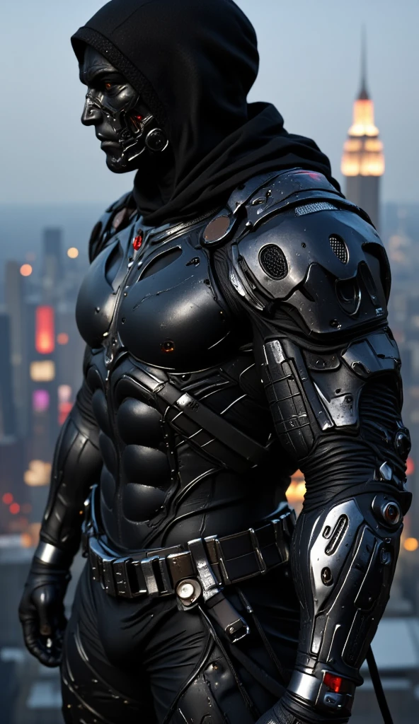 A full-body image of a muscular adult male.black leather full-body image 、and hood, a hooded person in invisible armor . wears leather armor, Tights.epic ninja suit, rogue.Leather fit to cover the whole body. smooth leather .Boy Teenage Assassin , stealth suit , cyberpunk assassin , stand on the roof of a skyscraper. . black night . Dark atmosphere .Low light.Weak lights cast dramatic shadows. Weird cyberpunk atmosphere . cyberpunk city.Futuristic tech style,robot,mecha skin,latex bodysuit .whole body image.Handheld composite mechanical giant bow.full body photo.