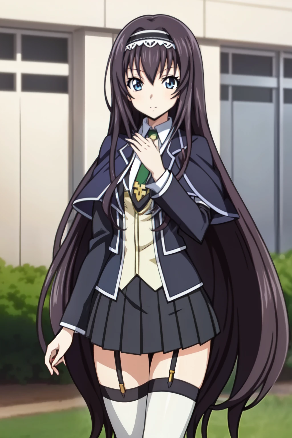 1 girl, cute, black long hair, (hair band), masterpiece, Jacket,black_skirt, green tie, miniskirt, necktie, thigh highs, white_leg wear, capelet,school uniform, pleated_skirt, Black_hair,long_hair, blue_eyes, bangs, garter_straps, hairband, walking at high school garden, Beautiful Finger,Beautiful long legs,Beautiful body,Beautiful Nose,Beautiful character design, perfect eyes, perfect face,expressive eyes, looking at viewer, (light_smile:0.5), official art, extremely detailed CG unity 8k, perfect lighting, Colorful, Bright_Front_face_Lighting,shiny skin, (anime cels style, Masterpiece, best quality, high resolution, anime colored, anime poster style, anime key visual, sharp, 8k), beautiful blue eyes, 