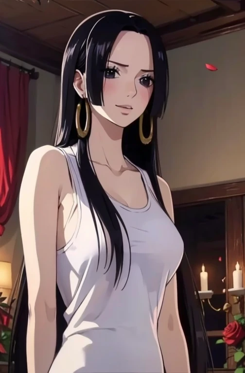 best quality, masterpiece, highly detailed,1girl, ((rose)), (vine), cage, bandage, red rope, (detail light), falling rose petals, Boa Hancock, , (masterpiece:1.5), Detailed Photo, Smiling, Sexy, (8K, Best Quality: 1.4), (1girl), Beautiful Face, (anime realistic Face), (Black Hair, long Hair: 1.3), Beautiful Hairstyle, Realistic eyes, beautiful detail eyes, (white skin), beautiful skin, absurd, attractive, ultra high resolution, ultra realistic, high definition, golden ratio, (sexually aroused:1.5), Pinkish white skin, cool white light, sexy pose, Beautiful , white background, pink soft white light, Wear a white tank top