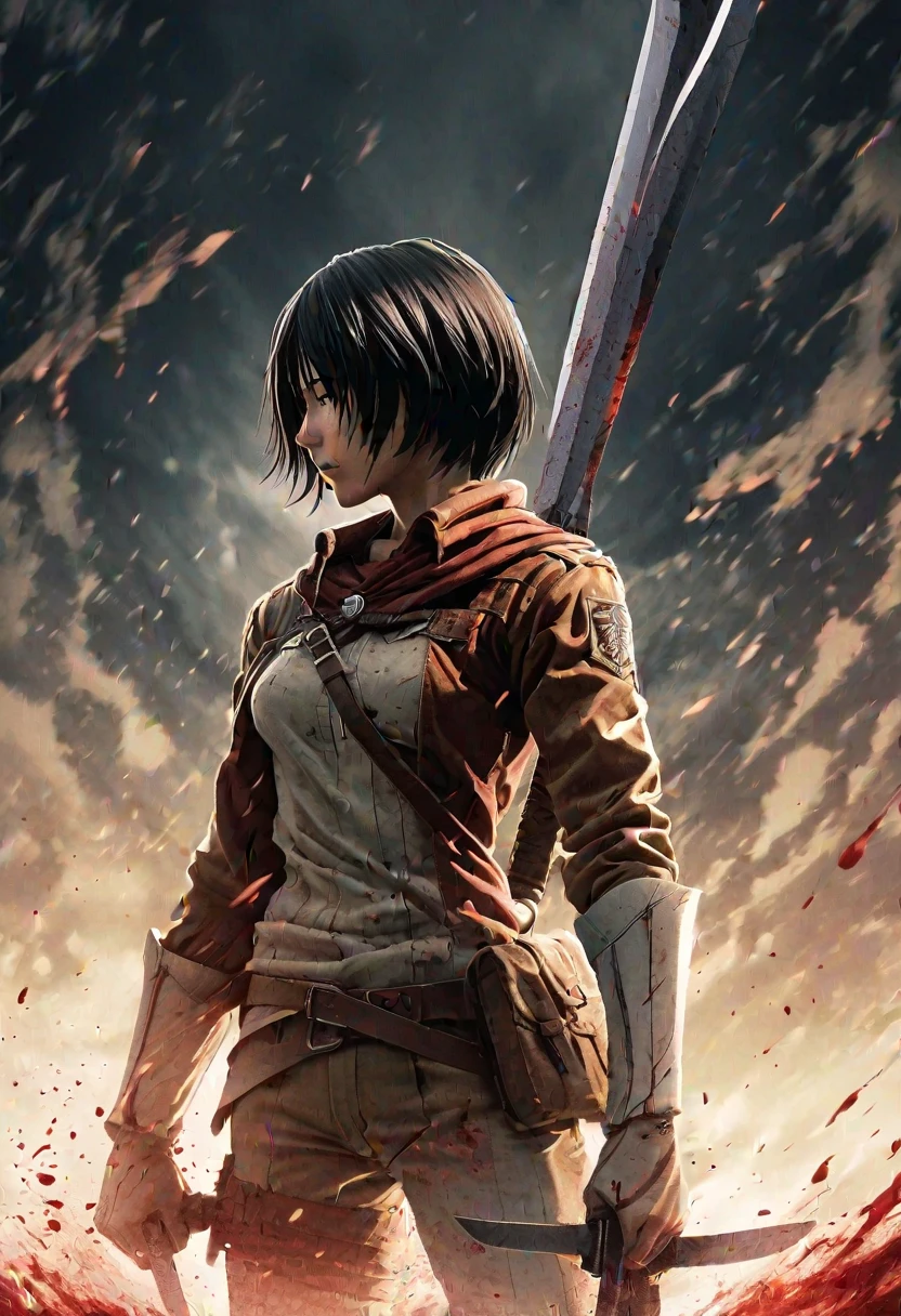 Photograph of Mikasa , , a brave fighter from  "Attack on Titan," , cutting the occipital flesh behind the head of the titan .  with a blade still stained with the blood of the titans ,  Mikasa shows fatigue and victory. Mixed together . . The photo was taken from a high angle ,  illustrates the vastness of the battlefield and the towering presence of Fallen Titans. Bright light, , this conversion took a long time because of the complexity of the content. The result is :

. The creation of an exciting silhouette adds depth to the scene. . . This impressive image captures the pairing of fragility and strength. ,  symbolizes Mikasa's unwavering commitment to protecting her loved ones. 