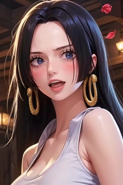 best quality, masterpiece, highly detailed,1girl, Boa Hancock, , (masterpiece:1.5), Detailed Photo, Smiling, Sexy, (8K, Best Quality: 1.4), (1girl), Beautiful Face, (anime realistic Face), (Black Hair, long Hair: 1.3), Beautiful Hairstyle, Realistic eyes, beautiful detail eyes, (white skin), beautiful skin, absurd, attractive, ultra high resolution, ultra realistic, high definition, golden ratio, (sexually aroused:1.5), Pinkish white skin, cool white light, sexy pose, Beautiful , white background, pink soft white light, Wear a white tank top, sexy armpit