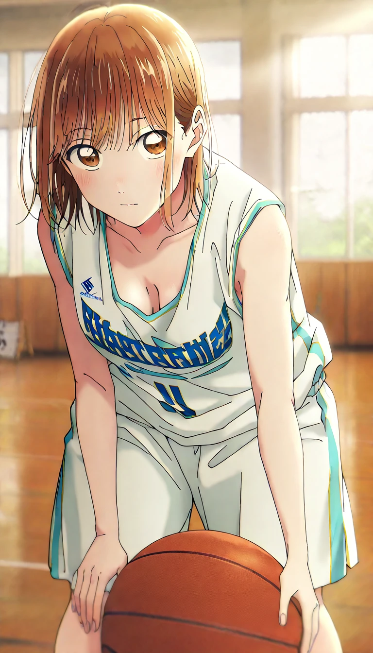       1 girl, Alone, Chinatsu,     Blurred Background,       brown eyes、       basketball uniform with a basketball in one hand 、  shirtless in the lobby、NSFW、      tank top 、Bibs、 Inside is black 、naked 、  Skindent 、   large areolas supporting breasts 、      lean forward     、   put your hands on your knees、      small 、belly button、Gym、       basketball only      、    viewers, masterpiece,  top quality,       High Quality     ,             very aesthetic         ,       absurd、(       sleeveless 、  basketball only      、side、side汗、   Raise your face  、    dribble、Move)、execution、     hopeless、      sweated、In motion、 basketball ring      