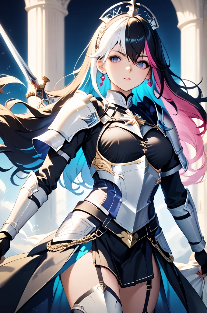  one woman　knight　Woman with 7 color hair 　Multicolored Hair　 black shiny armor　2 color armor 　　Shining Holy Sword　Strong Will　 see here　Highly saturated images　 Long Shot 