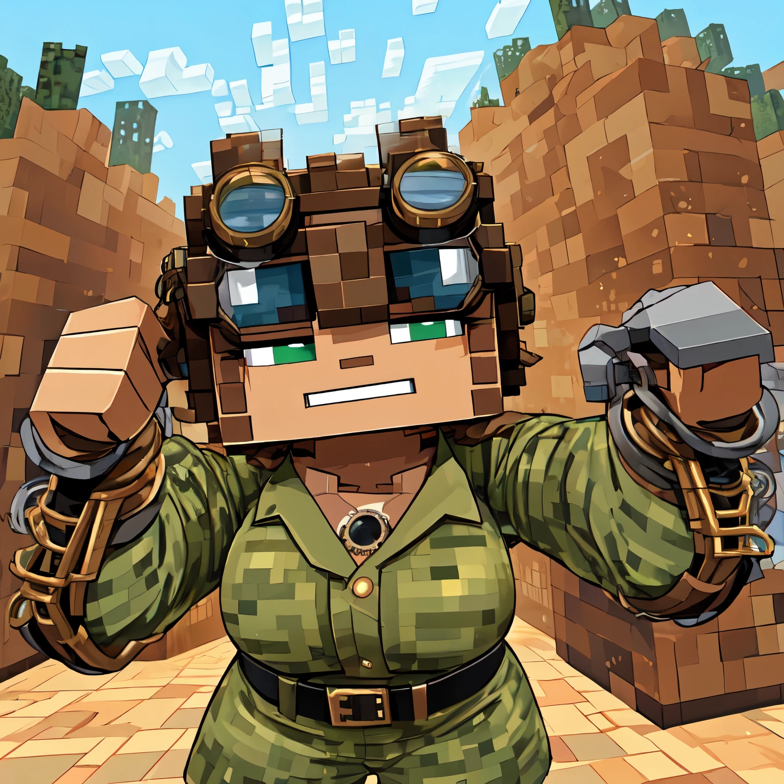 1 Special Forces ,  Desert Camouflage ,  doomsday style technology,  minecraft cube style, ((big steampunk goggles ))  looking at the audience ,  permanent, close up