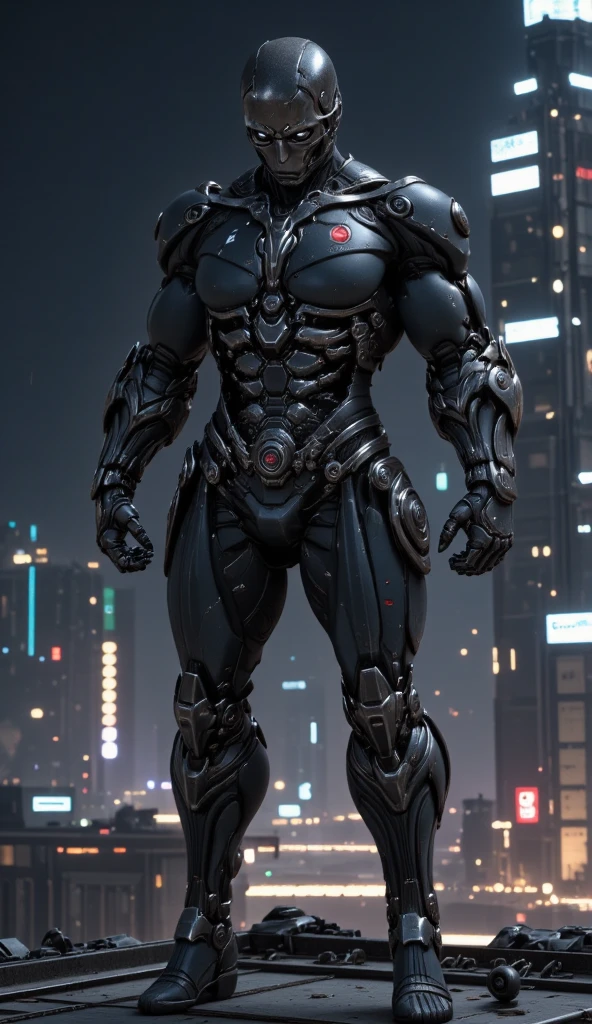 A full-body image of a muscular adult male.black leather full-body image 、and hood, a hooded person in invisible armor . wears leather armor, Tights.epic ninja suit, rogue.Leather fit to cover the whole body. smooth leather .Boy Teenage Assassin , stealth suit , cyberpunk assassin , stand on the roof of a skyscraper. . black night . Dark atmosphere .Low light.Weak lights cast dramatic shadows. Weird cyberpunk atmosphere . cyberpunk city.Futuristic tech style,robot,mecha skin,latex bodysuit .whole body image.Handheld composite mechanical giant bow.full body photo..Big crotch bag