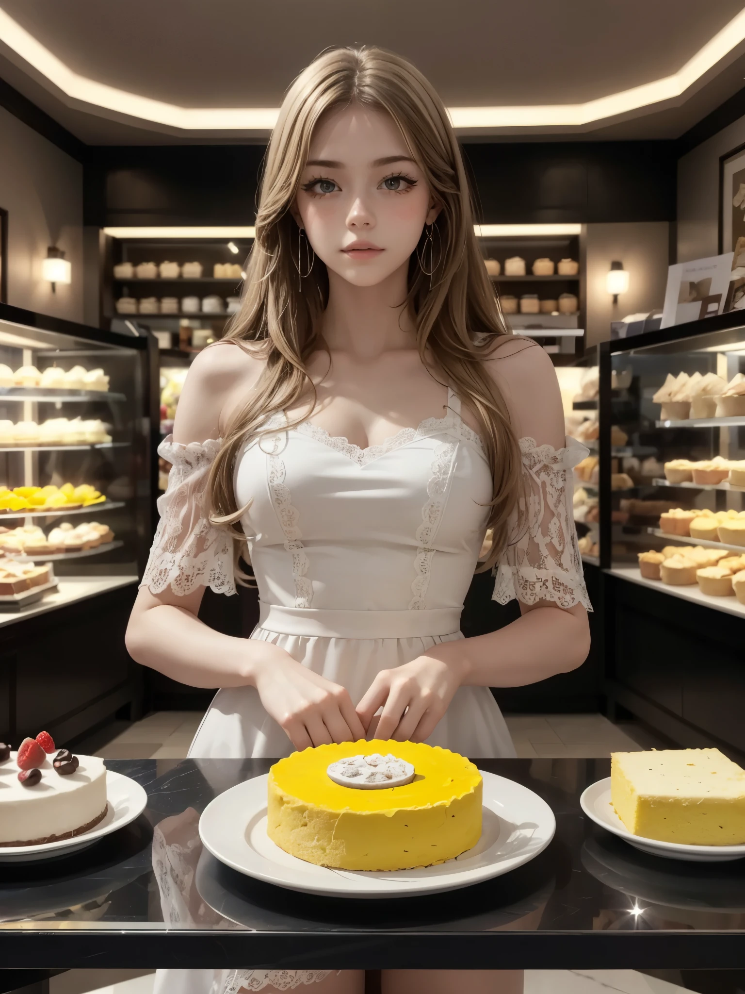 (best_quality, masterpiece:1.2), (highly detailed), (4k, 8k, uhd, high_resolution, highres), girl, fit dress, lace-trimmed, long hair, earring, patisserie shop, modern interior design, marble surface, cozy lighting, a slice of cakes, various slice of cakes, oppulence, sleek black table, perfect reflection, sharp focus, professional photography, high quality, high resolution, delicate details, blonde, bag of chips, tight outfit, hands behind, thighs,