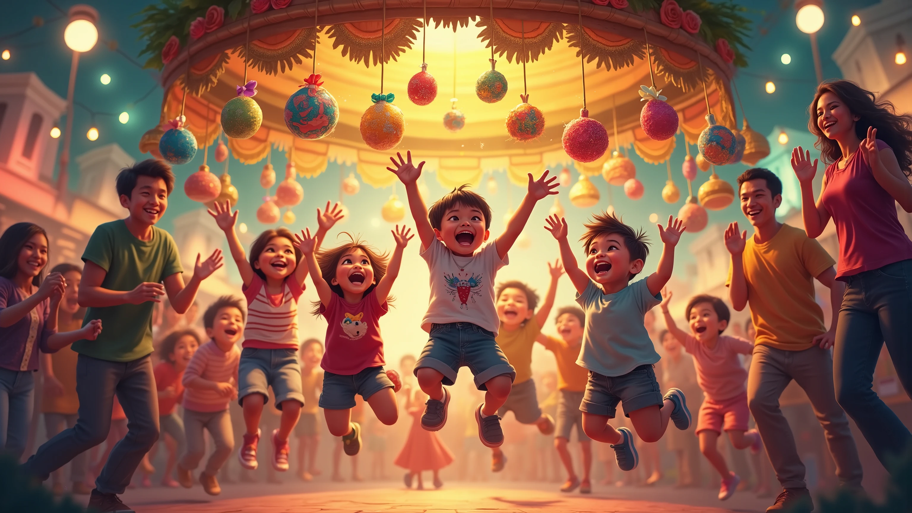 A group of ren excitedly jumping to grab treats and small gifts from a pabitin, a bamboo frame adorned with hanging treasures, as parents laugh and encourage them under colorful Christmas lights.