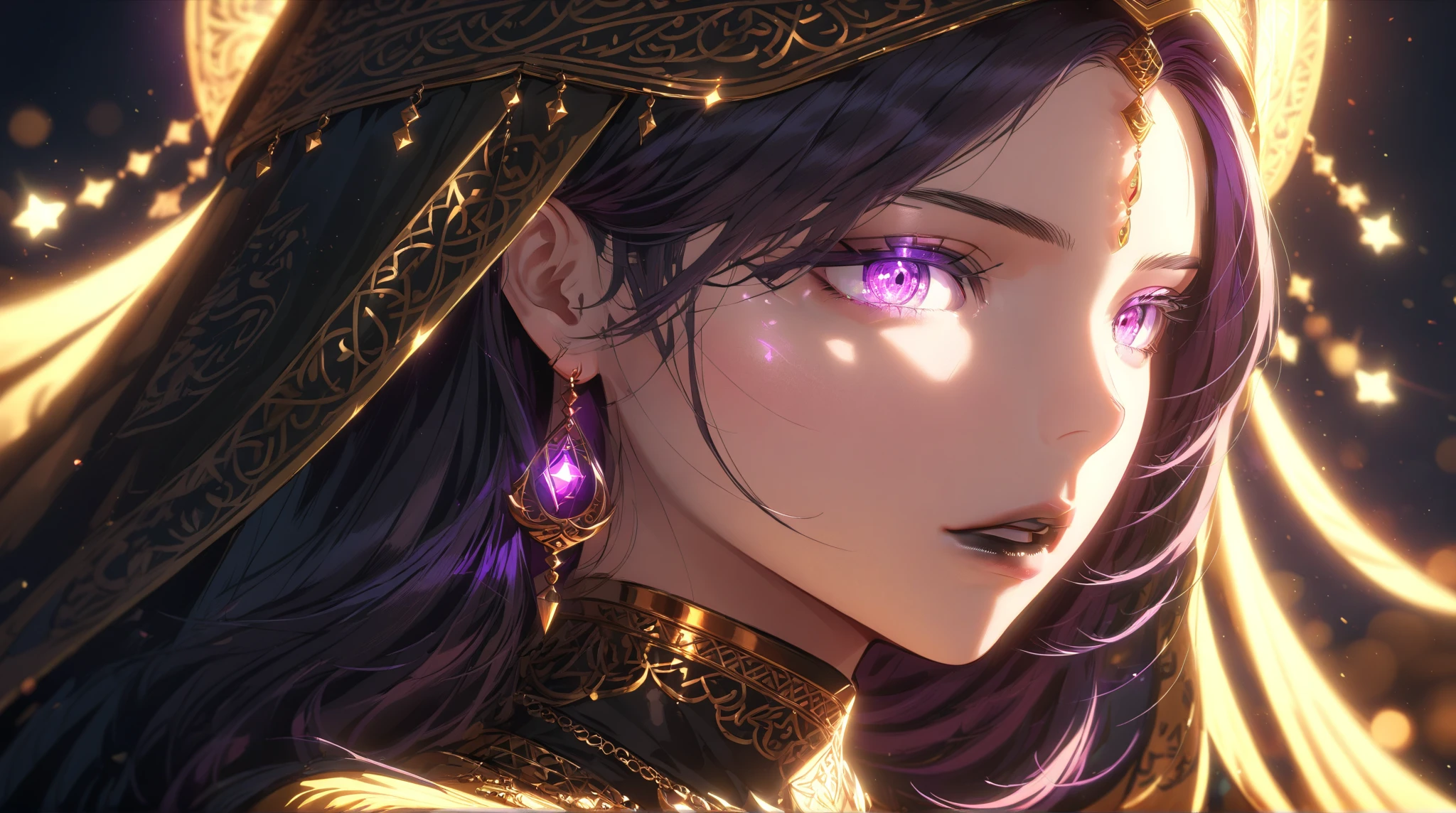 Mature Woman,((Beautiful and mysterious fortune teller)),(((A veil covering the mouth,Long gloves,Cape,Sexy Costumes))),(Detailed Description, High resolution,8k wallpaper,masterpiece,Highest quality,Depth of region,Anatomically accurate depiction,A face with attention to detail, Eye for detail,Nice hands, Perfect Fingers,eyelash,(Unfocused eyes,Seductive Gaze,There is cleavage in the chest,A seductive smile,Large Breasts,Purple lips),(From above:1.1),Perfect body,Fantastic Light,background:Inside a dimly lit church,(((disaster々A large, round crystal ball that emits a bright black light))),Depict the whole body,Front view,Magical atmosphere