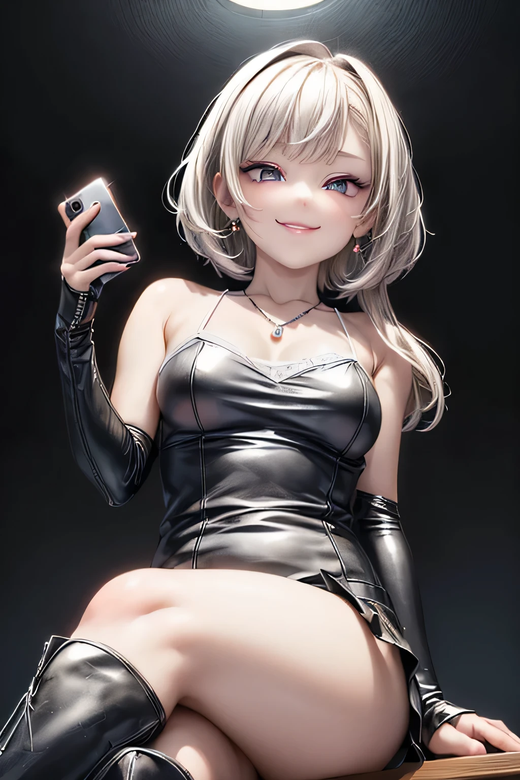 Anime girl in latex holding a cell phone and sitting on a stool - SeaArt AI