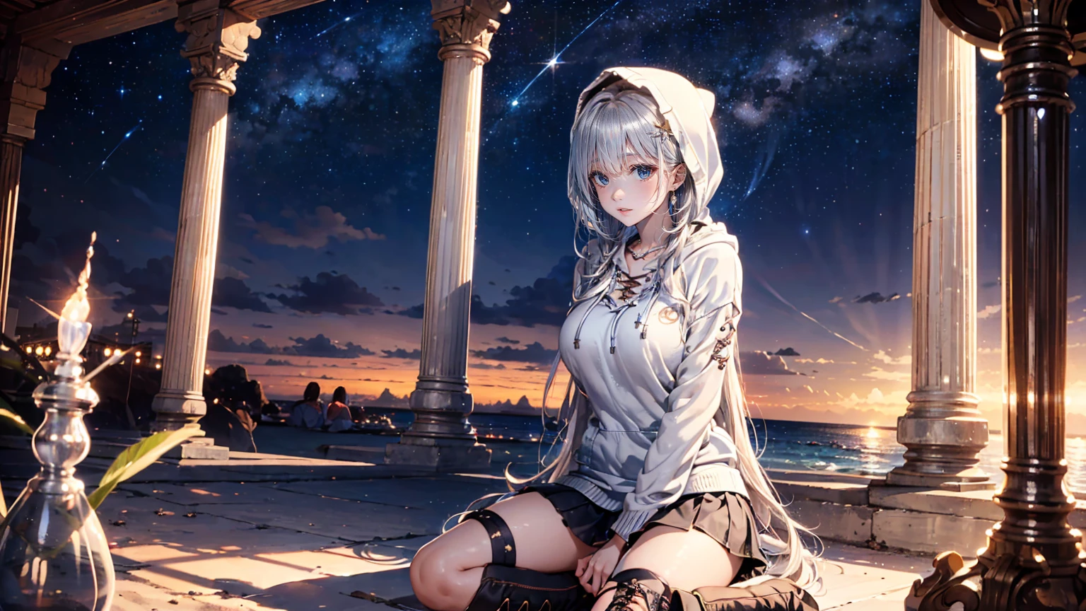 ((Biologically correct limb count)),(( From head to toe,Full-body photo including face)),4K,masterpiece,((Focus on the face)),((Symmetrical facial features)),Eyes with detailed description,Beautiful woman,Great style,Beautiful arms,Beautiful legs,Beautiful Hands,(Small Ass,Thin thighs),Detailed depiction of the face,Small earrings,necklace,(Will school uniform,dress((High heels))),((Outdoors at night, early morning)),(((blue blonde))),Realistic photo,Looking up,smile,((Sitting in front of the pyramid,Panty shot)),Nobody is here
