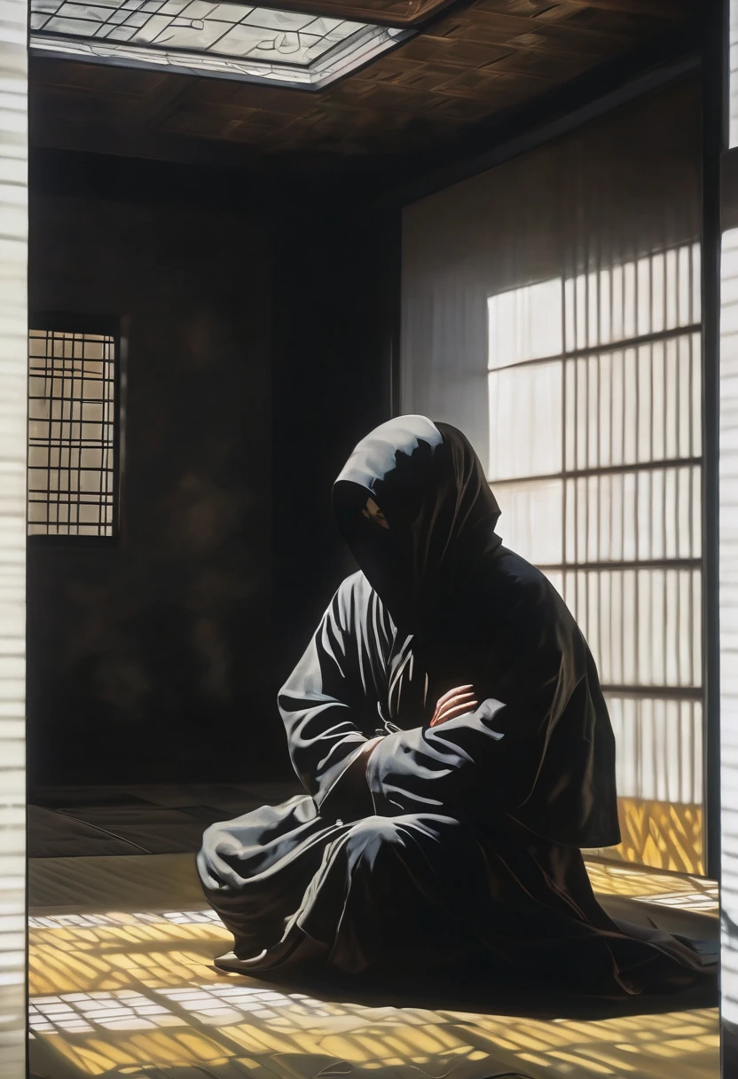 masterpiece,Abstract Painting,best quality,window looks at a ninja,it can not see detail of the man's face,Alone,tall and thin ninja character,(wearing minimal ninja armor,hood,mask,soft cloth,sleek,reflective fabric on the armor,matte cloth for the scarf),he is siting on (Tatami flooring,The texture of tatami),(with his one knee raised),(he look down at floor),he is waiting something,wide shot,light through the window at high,tense scene ,static scene ,