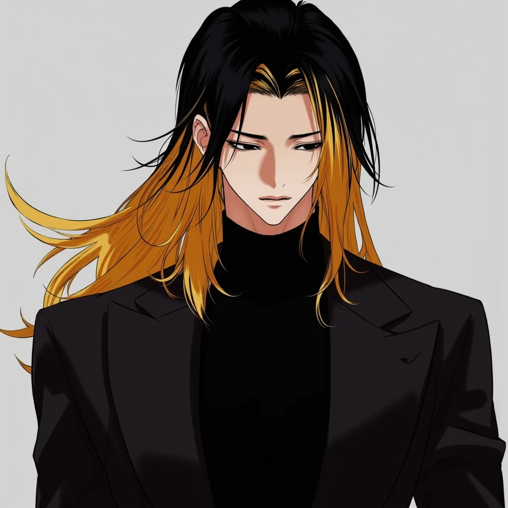 A scene in "Lookism" Manhwa featuring a Tall male athletic figure with long straight black and gold hair, sharp angular facial features, Elegant tall male figure, flowing golden wavy hair past shoulders, black turtleneck, slim fit dark clothing, confident relaxed pose, strong jawline, intense gaze, muted color palette, muscular and stern. dual colored hair, tired and extremely sleepy eyes, eyebags. extremely tired half closed eyes