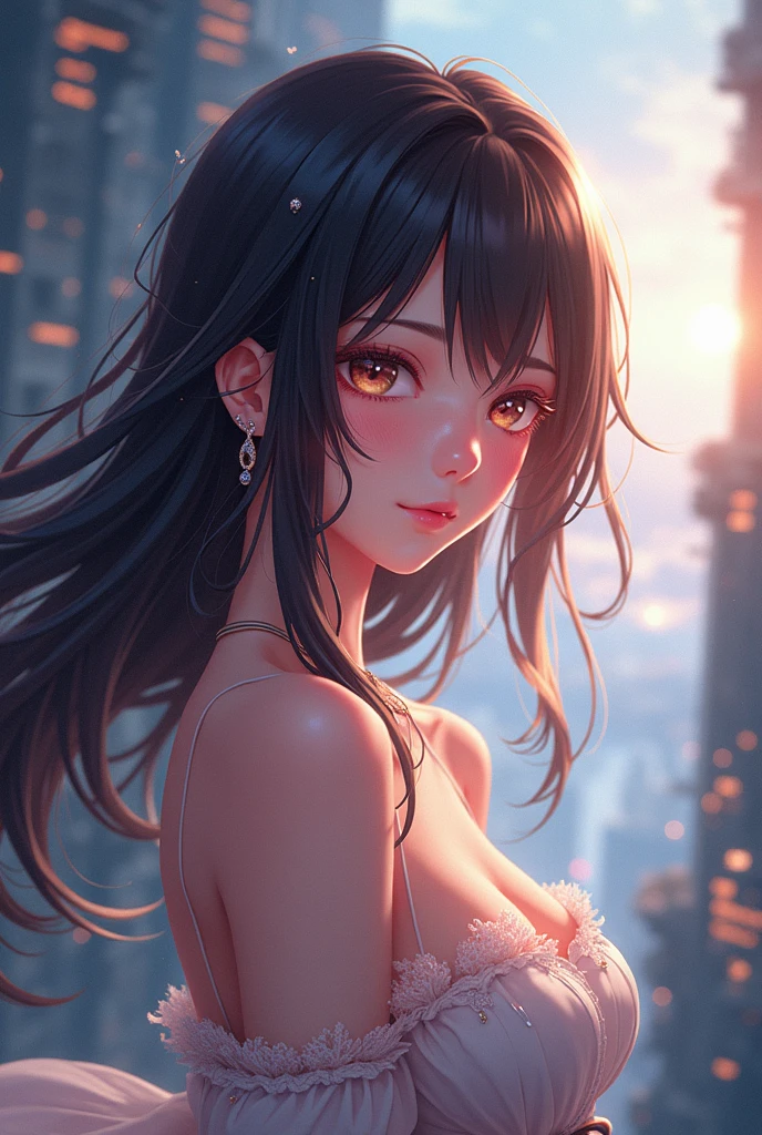 a woman bending forward, cleavage, 2d anime style, beautiful detailed eyes, beautiful detailed lips, extremely detailed face and portrait, long eyelashes, upper half body, (best quality,4k,8k,highres,masterpiece:1.2),ultra-detailed,(realistic,photorealistic,photo-realistic:1.37),anime,illustration,digital painting,vibrant colors,dramatic lighting