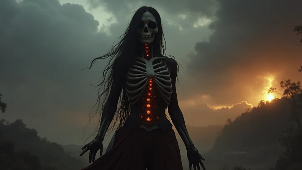 Create a powerful and imposing image of a female titan with a skeletal and muscular appearance. The titan should stand tall, towering over her surroundings with a height that gives her a god-like presence. Her face is skeletal with no skin, exposing a hauntingly detailed skull structure. Her eye sockets are deep, and her eyes glow with an eerie light. Long, flowing hair cascades down from her head, reaching her waist, appearing wild and unruly, as if caught in an eternal wind.

Her upper body, including her chest and torso, should be muscular but also partially skeletal, with bones visible in places where the skin and muscle have been stripped away. Her ribcage is exposed, and her chest has a hollow, open look, with visible organs or empty space, emphasizing the horror of her form.

Her arms are long and powerful, with defined muscles, but they also have exposed bones in places, particularly at the joints. Her hands are large with elongated, claw-like fingers, adding to her menacing appearance. Her legs are similarly muscular and partially skeletal, with bones visible along the thighs and calves. The feet are large and bare, with a structure that mirrors the skeletal theme seen throughout her body.

The overall color scheme of the titan should be pale, with a mixture of bone white and dull flesh tones. The lighting in the scene should create deep shadows, highlighting the contrast between the skeletal and muscular aspects of her body.
