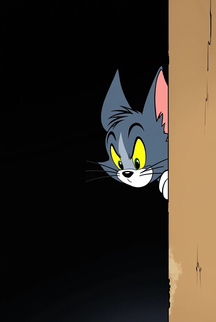 Tom and Jerry where tom is looking from the corner of the wall and make background black