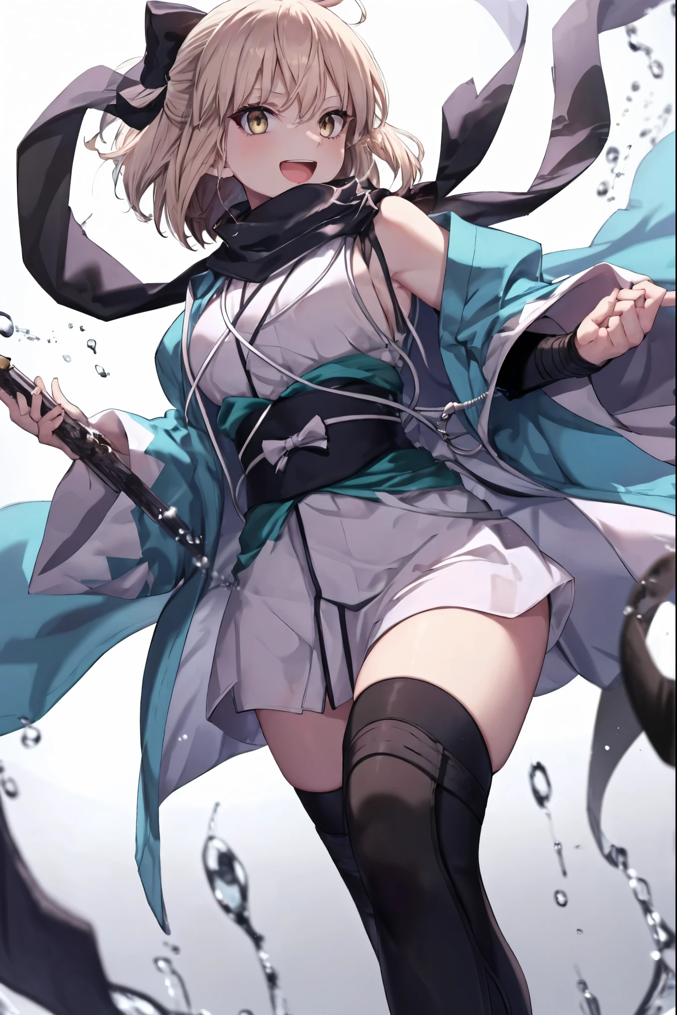 meticulous details, good composition, , cute face, perfect face, perfect hands, 1****_girl,okita souji \(FGO\), okita souji \(fate\), pale_pink_ponytail,black_bow,sleeveless_white_short_kimono,
 smile,happy,gold_half_eyes, thigh-highs, straw_sandals,medium_breasts, midriff , fighting_pose ,town_background,black_long_scarf,knees, bragging_face, black_cloth_gauntlet,apart_legs,open_mouth,rise_arms, bare_elbows