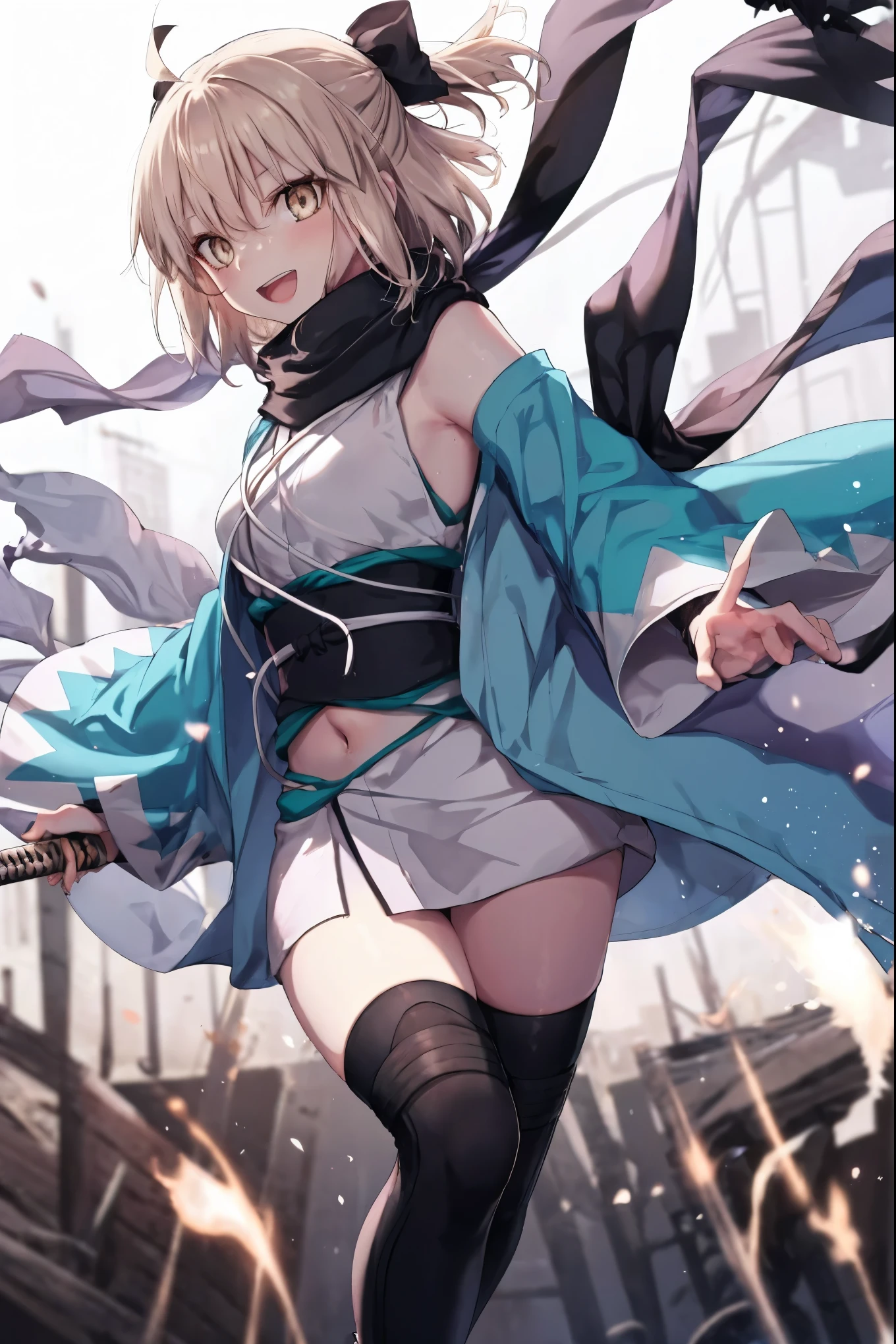 meticulous details, good composition, , cute face, perfect face, perfect hands, 1****_girl,okita souji \(FGO\), okita souji \(fate\), pale_pink_ponytail,black_bow,sleeveless_white_short_kimono,
 smile,happy,gold_half_eyes, thigh-highs, straw_sandals,medium_breasts, midriff , fighting_pose ,town_background,black_long_scarf,knees, bragging_face, black_cloth_gauntlet,apart_legs,open_mouth,rise_arms, bare_elbows