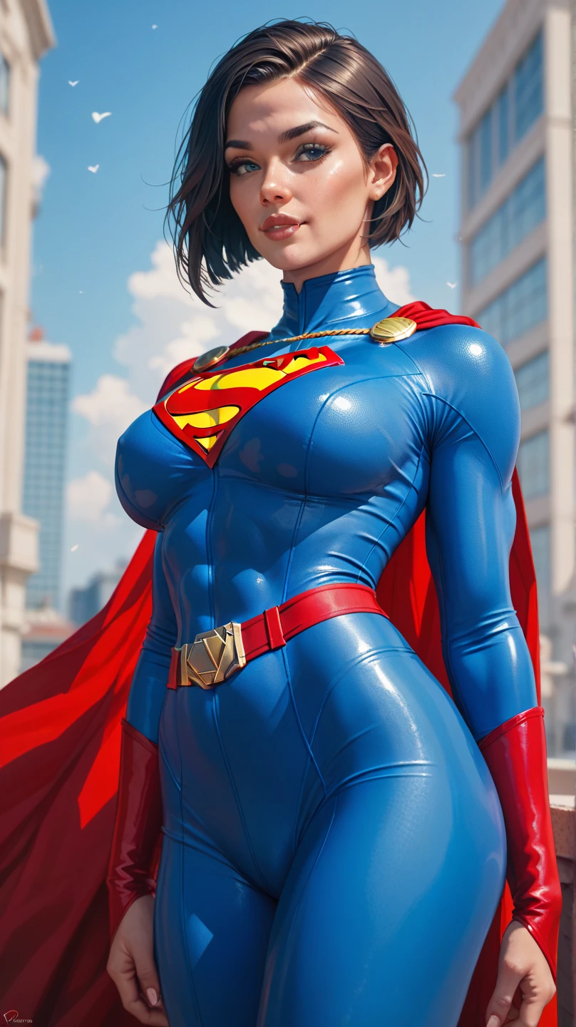 Sexy, big breasted, low cut, tight dressed, superhero girl version of Superman