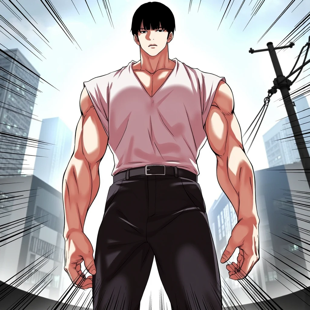 A scene in "Lookism" Manhwa featuring a Tall male athletic figure with bowl-cut hairstyle 