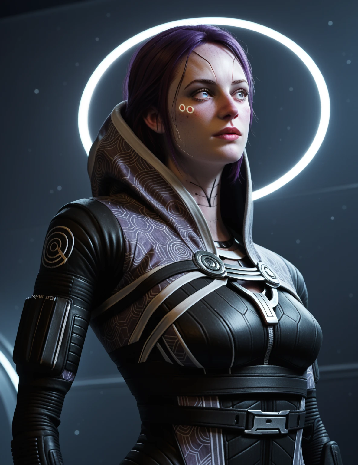 Tali zorah, mass effect three, A quarian woman with a sleek and elegant design, wearing a close-fitting suit adorned with intricate, glowing patterns. She poses in a warm and softly lit environment, her stance radiating affection and confidence. Her posture is relaxed, one hand resting gently on her hip while the other playfully touches her visor. She tilts her head slightly, conveying a sense of warmth and longing. The background is subtly blurred, drawing attention to her intricate suit details and glowing lines, evoking a personal and intimate moment. The image is designed to feel like a cherished keepsake, full of emotion and love, perfect for a keepsake photo to carry on long deployments