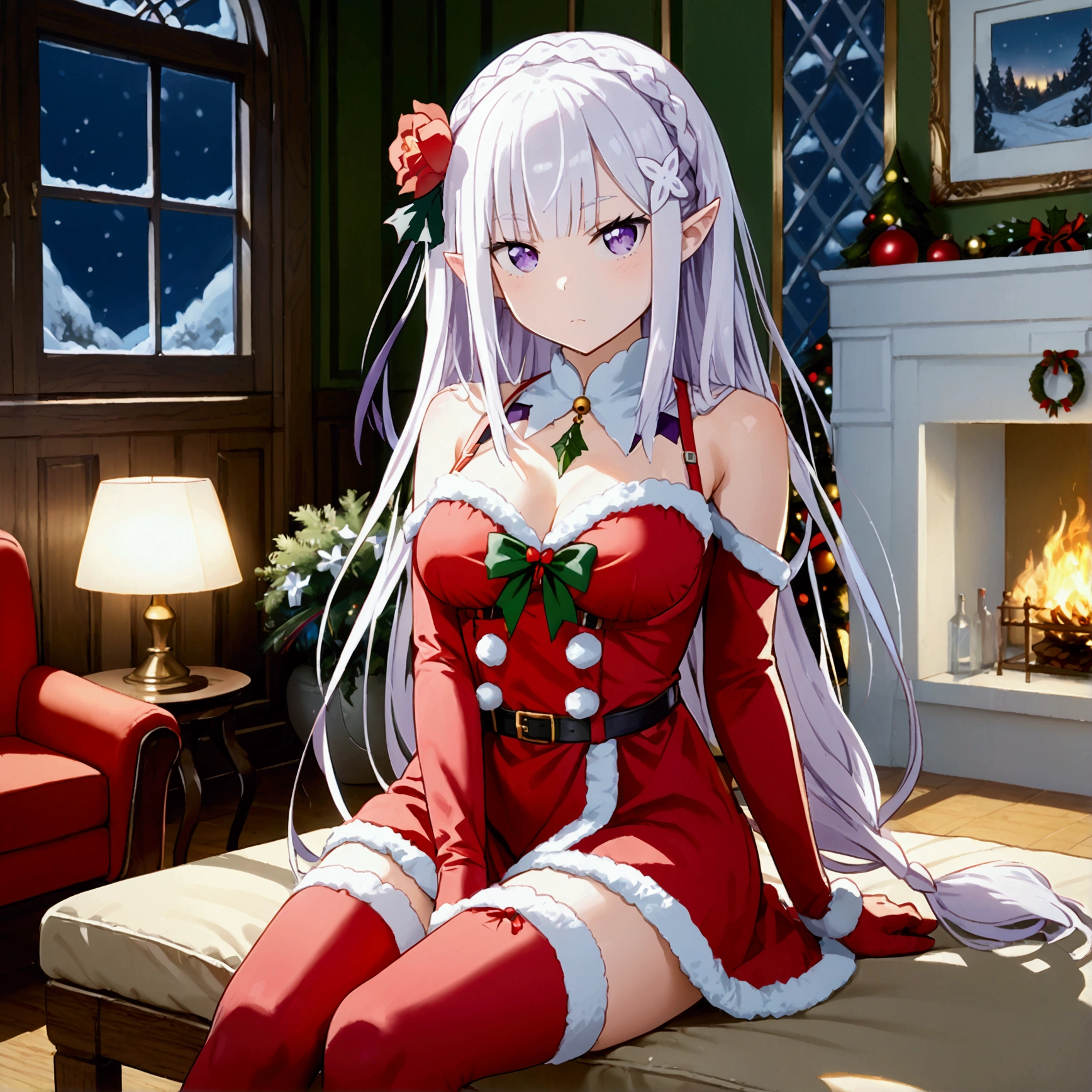 emilia, purple eyes, white hair, long hair, blunt bangs, hair ornament, braid, hair flower, pointy ears, santa cosplay, Santa thighhighs, Sit, Room, Displeased face, Beautiful view, good atmosphere