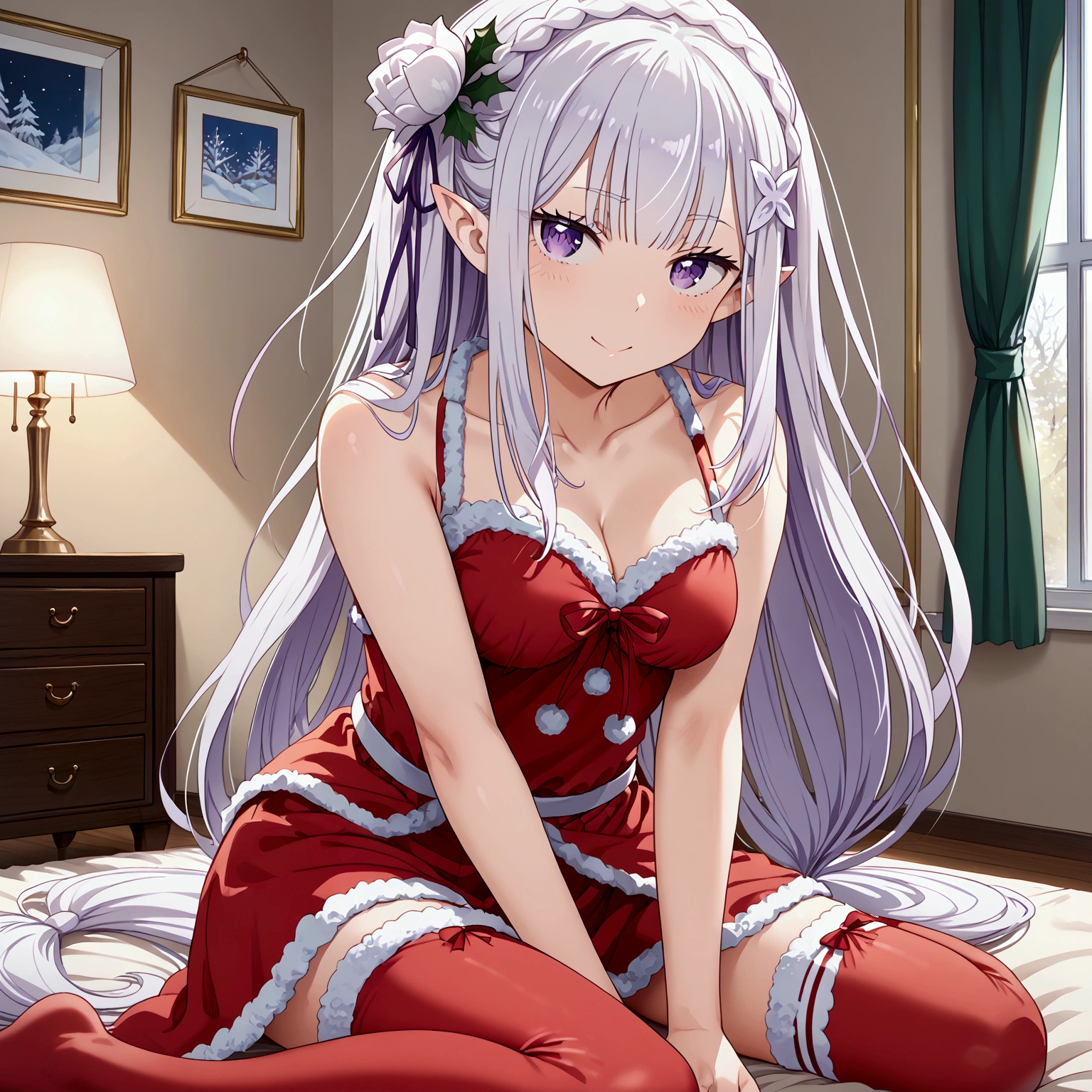 emilia, purple eyes, white hair, long hair, blunt bangs, hair ornament, braid, hair flower, pointy ears, santa cosplay, Santa thighhighs, Sit, Room, Displeased face, Beautiful view, good atmosphere