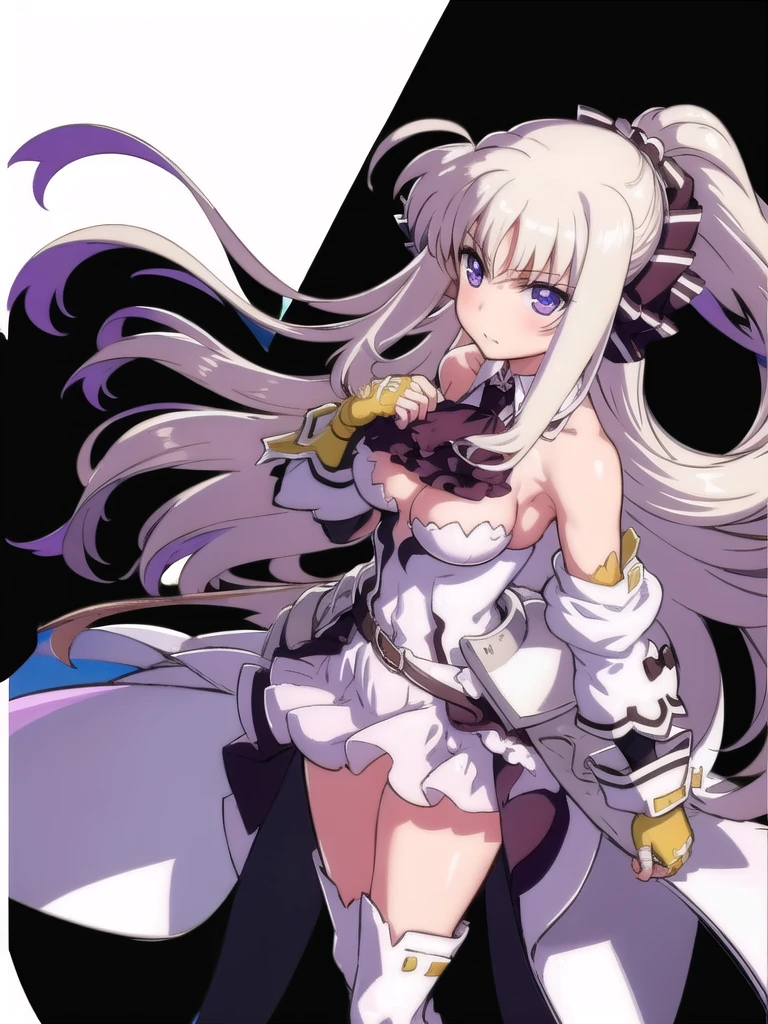 indoor, Arena, full body,
did_BJ,  1 girl, (( thigh-length boots )), Long Hair,  purple eyes, upper body, ascot, breast, Gloves,  watching viewers, ((white  thigh-length boots)),  Ahoge, fingerless Gloves, Absolute territory,  bare shoulders,  standing, very Long Hair, Clenched hands,  skirt,  dress, black Gloves, medium breast, ribbon, black  ascot ,  hair ribbon, hair bow,  ponytail, bow, bangs,  Puff Sleeves,
