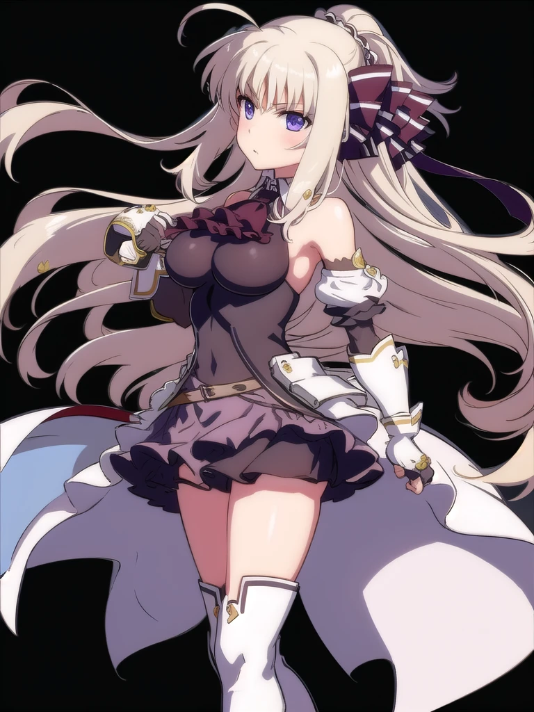 indoor, Arena, full body,
did_BJ,  1 girl, (( thigh-length boots )), Long Hair,  purple eyes, upper body, ascot, breast, Gloves,  watching viewers, ((white  thigh-length boots)),  Ahoge, fingerless Gloves, Absolute territory,  bare shoulders,  standing, very Long Hair, Clenched hands,  skirt,  dress, black Gloves, medium breast, ribbon, black  ascot ,  hair ribbon, hair bow,  ponytail, bow, bangs,  Puff Sleeves,
