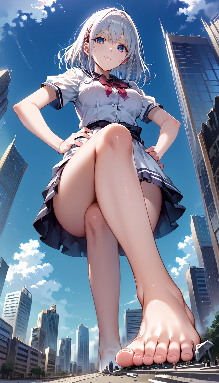 Giantess、Accurate composition、Accurate body、Precise balance、キュートなanime、 is composed of high quality 、 top quality 、Giantess、woman、Giantess、 smiles、建物より大きなwoman、 small tits、View from the ground 、 miniature cityを見下ろすwoman、I can see your feet、I can see your toes、Destroyed cityscape、 a destroyed miniature city、 seen from afar、The fugitive々、 miniature city、 Hands on Hips 、animeイラスト、anime、Giantess